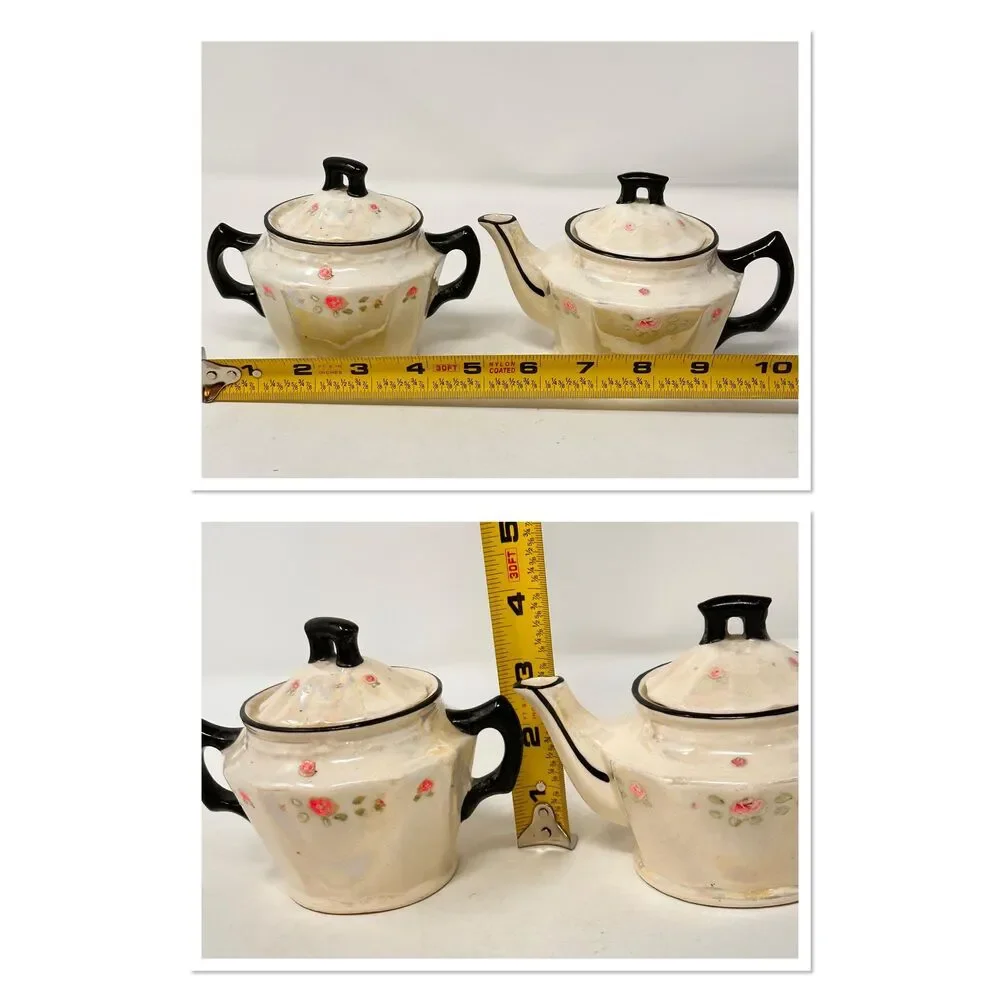 Vintage Victoria Czechoslovakia Lusterware Sugar Bowl and Creamer Black Trim